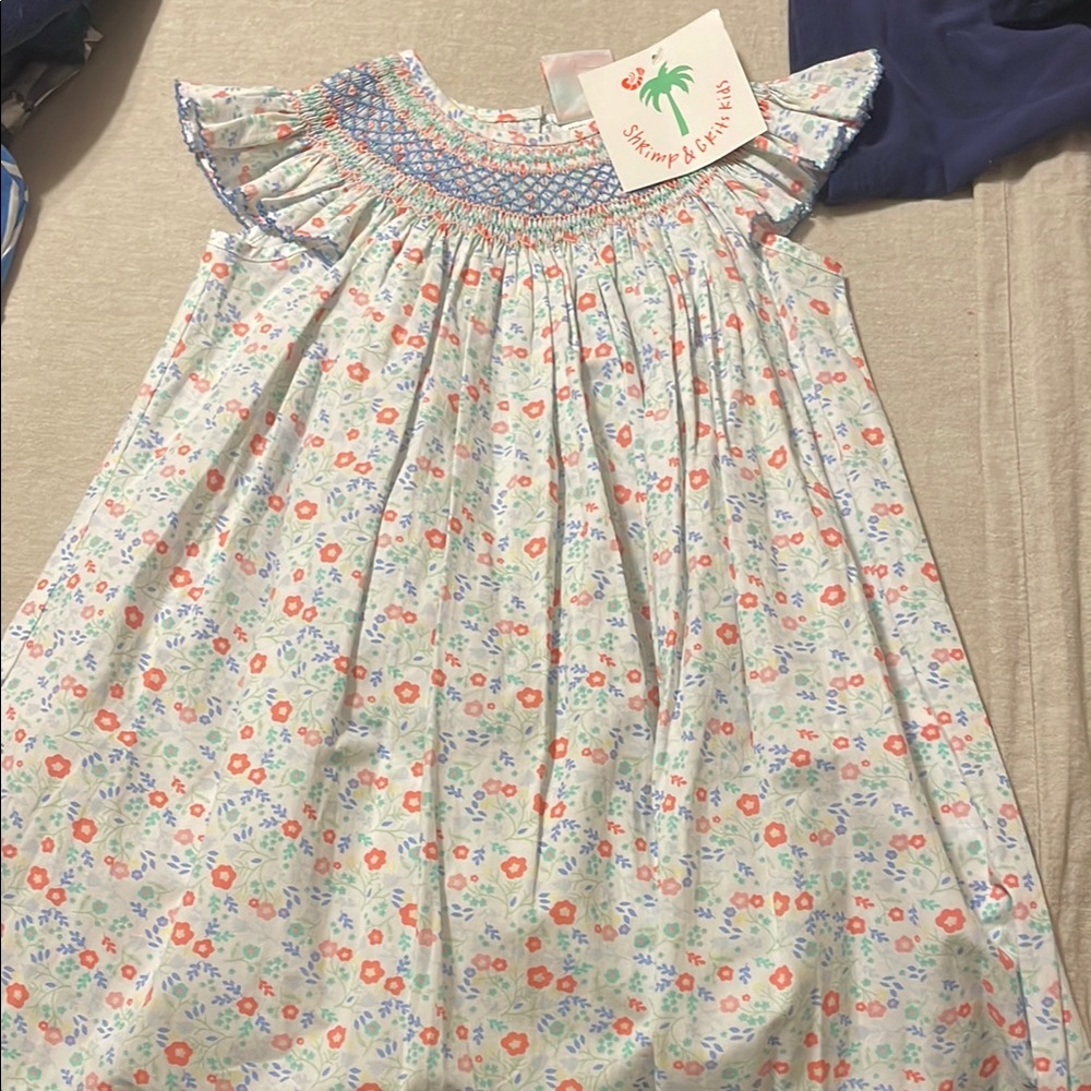 Floral Kids Smocked Casual Dress - Blue and White
